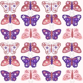 Jumbo Scale // Bright Violet Purple and Rose Pink Vintage Check Butterflies on White 