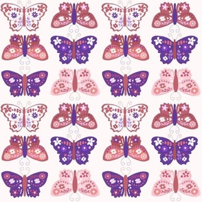 Large Scale // Bright Violet Purple and Rose Pink Vintage Check Butterflies on White 