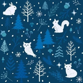 dark midnight blue winter forest animals