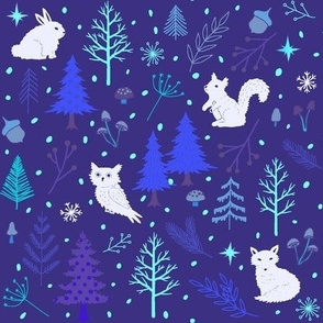 Electric blue arctic snow forest  owls animals