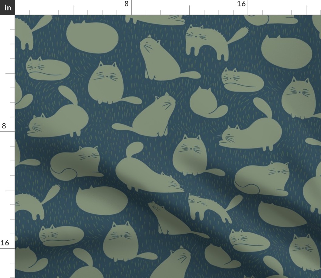 Medium Cat Block Print in Sage and Blue Denim