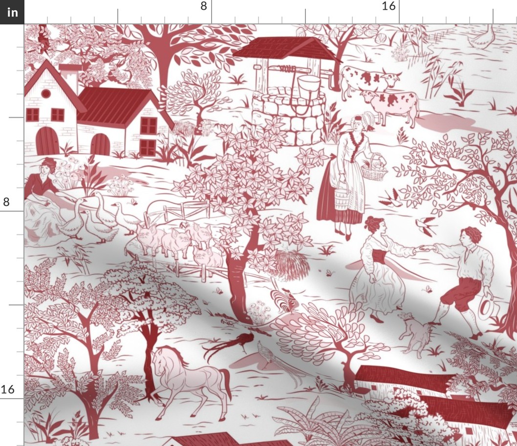Vintage Farmland- French Toile Red Large Scale 24''