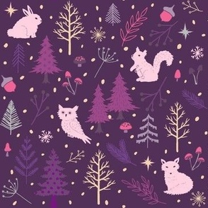 Midnight purple  Arctic winter forest animals plum