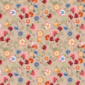 French florals tan bckg - S