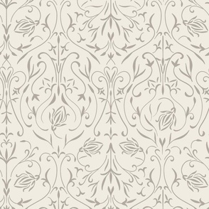 damask 02 - cloudy silver taupe _ creamy white - traditional wallpaper