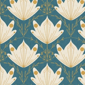 Lux Damask Lotus flower White - Copper - Navy Teal
