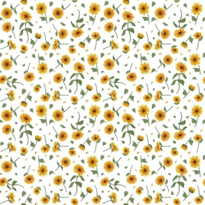 Yellow Sunflower on White Watercolor Marker Style Floral Extra Small Scale Pattern Print