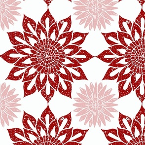 Block print christmas florals crimson red soft pink - large scale