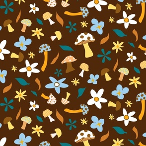 Retro Mushrooms and Flowers Pattern on Brown Background