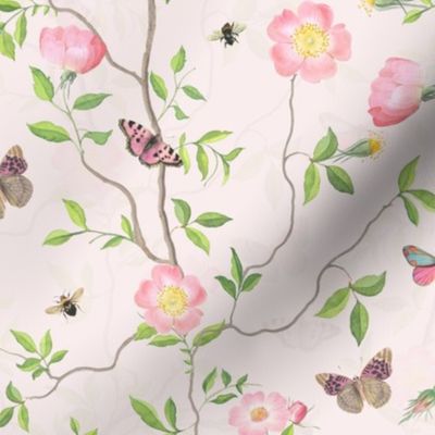  Antique Rococo Chinoiserie Flower Rose Trees With Flying Butterflies And Bees - 18th century reconstructed hand painted  lush garden Marie Antoinette Vintage inspired - blush double layer