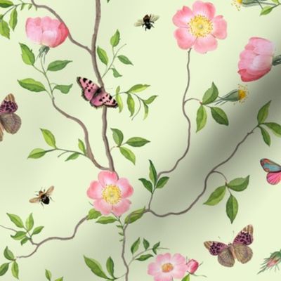  Antique Rococo Chinoiserie Flower Rose Trees With Flying Butterflies And Bees - 18th century reconstructed hand painted  lush garden Marie Antoinette Vintage inspired - light apple green 