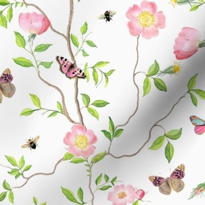  Antique Rococo Chinoiserie Flower Rose Trees With Flying Butterflies And Bees - 18th century reconstructed hand painted  lush garden Marie Antoinette Vintage inspired - off white 