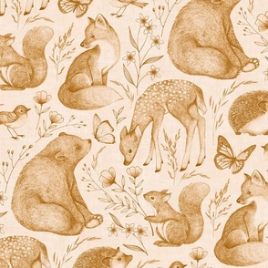 Forest Fauna Toile - copper on pale pink 