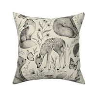 Forest Fauna Toile - black on taupe 