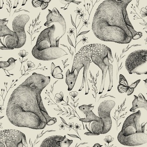 Forest Fauna Toile - black on taupe 