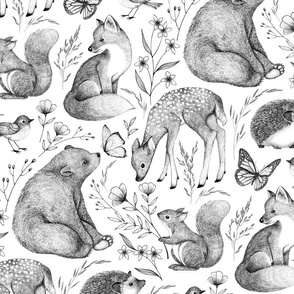 Forest Fauna Toile - black and white 