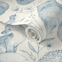 Forest Fauna Toile - teal blue on cream 