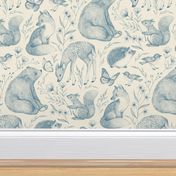 Forest Fauna Toile - teal blue on cream 