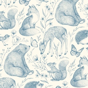 Forest Fauna Toile - teal blue on cream 