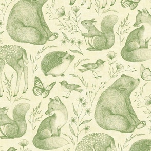 Forest Fauna Toile - retro green on yellow cream 