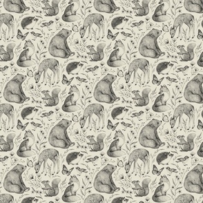 Forest Fauna Toile - black on taupe, small 