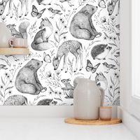 Forest Fauna Toile - black and white, small 