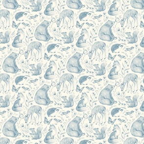 Forest Fauna Toile - teal blue on cream, small 