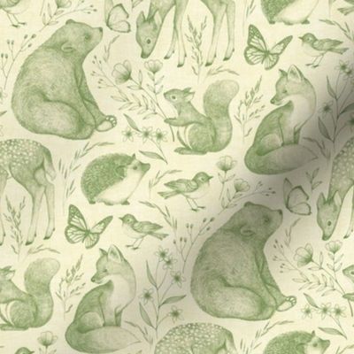 Forest Fauna Toile - retro green on cream, small 