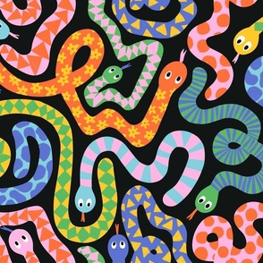 Happy Snakes V2: Rainbow colored snakes on black background, cute bright snake design for kids - Medium