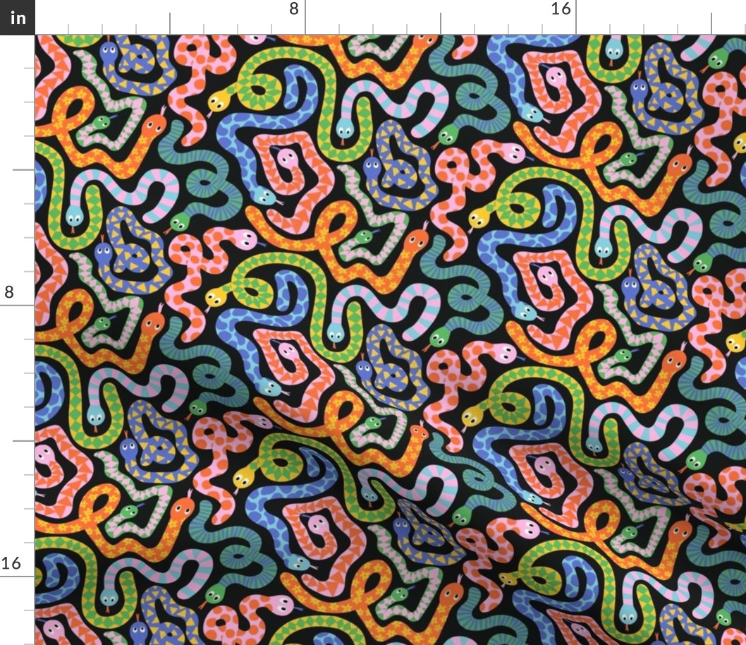 Happy Snakes V2: Rainbow colored snakes on black background, cute bright snake design for kids - Small