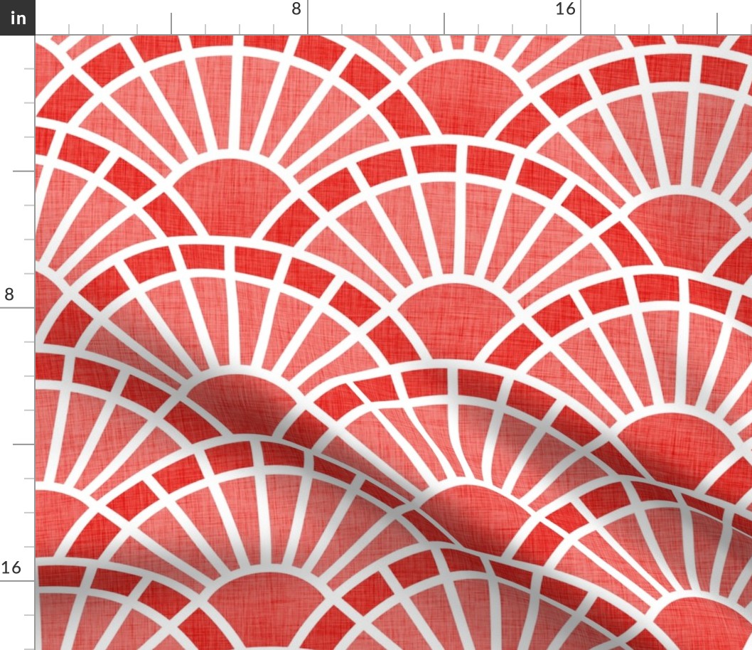 Serene Sunshine- 24 Coral- Art Deco Wallpaper- Geometric Minimalist Monochromatic Scalloped Suns- Petal Cotton Solids Coordinate- Large- Coral- Flamingo- Soft Red
