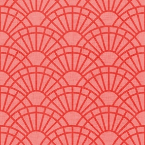 Serene Sunshine- 24 Coral on Soft Coral- Art Deco Wallpaper- Geometric Minimalist Monochromatic Scalloped Suns- Petal Cotton Solids Coordinate- Medium- Coral- Flamingo- Soft Red