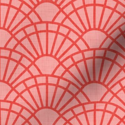 Serene Sunshine- 24 Coral on Soft Coral- Art Deco Wallpaper- Geometric Minimalist Monochromatic Scalloped Suns- Petal Cotton Solids Coordinate- Small- Coral- Flamingo- Soft Red