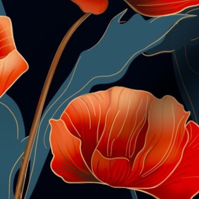 Art Nouveau poppies in red and gold on a dark navy blue background 