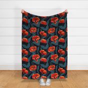 Art Nouveau poppies in red and gold on a dark navy blue background 