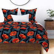 Art Nouveau poppies in red and gold on a dark navy blue background 