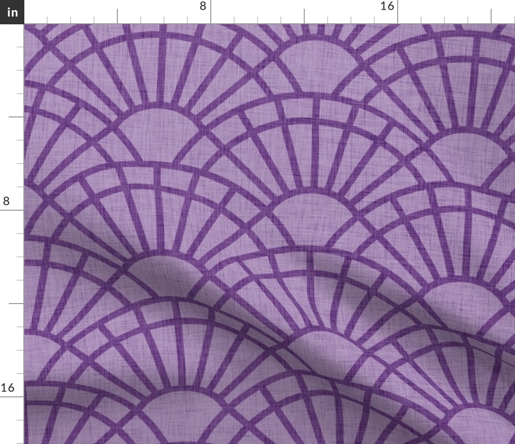 Serene Sunshine- 27 Orchid on Purple- Art Deco Wallpaper- Geometric Minimalist Monochromatic Scalloped Suns- Petal Cotton Solids Coordinate- Large- Purple- Violet- Haloween
