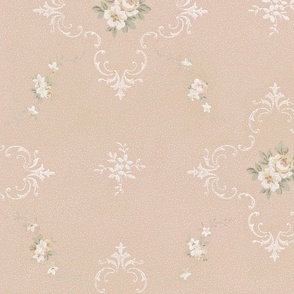 yellow flowers in white scrolls, on taupe 