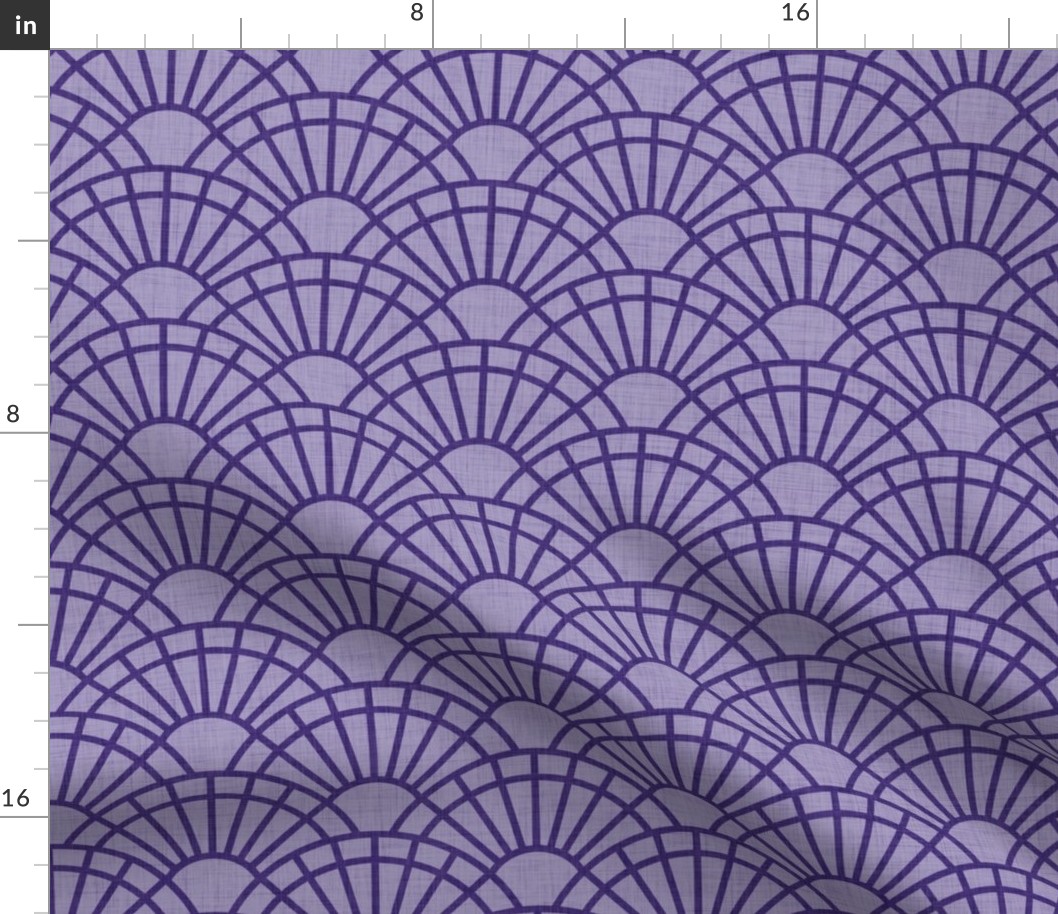 Serene Sunshine- 28 Grape on Purple- Art Deco Wallpaper- Geometric Minimalist Monochromatic Scalloped Suns- Petal Cotton Solids Coordinate- Small- Purple- Violet- Haloween