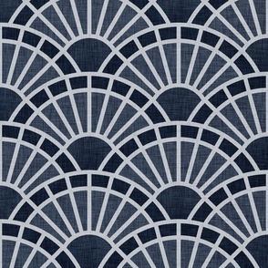 Serene Sunshine- 30 Navy- Art Deco Wallpaper- Geometric Minimalist Monochromatic Scalloped Suns- Petal Cotton Solids Coordinate- Large- Dark Blue- Indigo- Classic Neutral