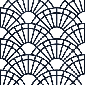 Serene Sunshine- 30 Navy on White- Art Deco Wallpaper- Geometric Minimalist Monochromatic Scalloped Suns- Petal Cotton Solids Coordinate- Large- Dark Blue- Indigo- Classic Neutral