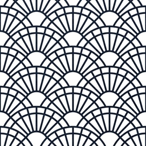 Serene Sunshine- 30 Navy on White- Art Deco Wallpaper- Geometric Minimalist Monochromatic Scalloped Suns- Petal Cotton Solids Coordinate- Medium- Dark Blue- Indigo- Classic Neutral