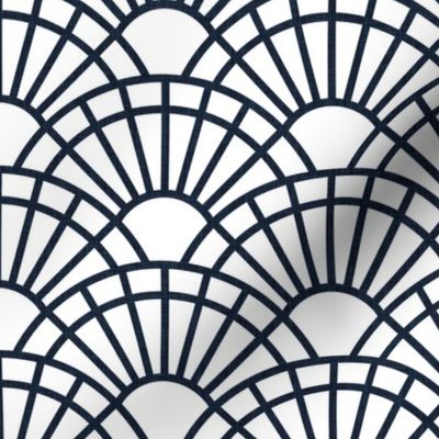 Serene Sunshine- 30 Navy on White- Art Deco Wallpaper- Geometric Minimalist Monochromatic Scalloped Suns- Petal Cotton Solids Coordinate- Small- Dark Blue- Indigo- Classic Neutral