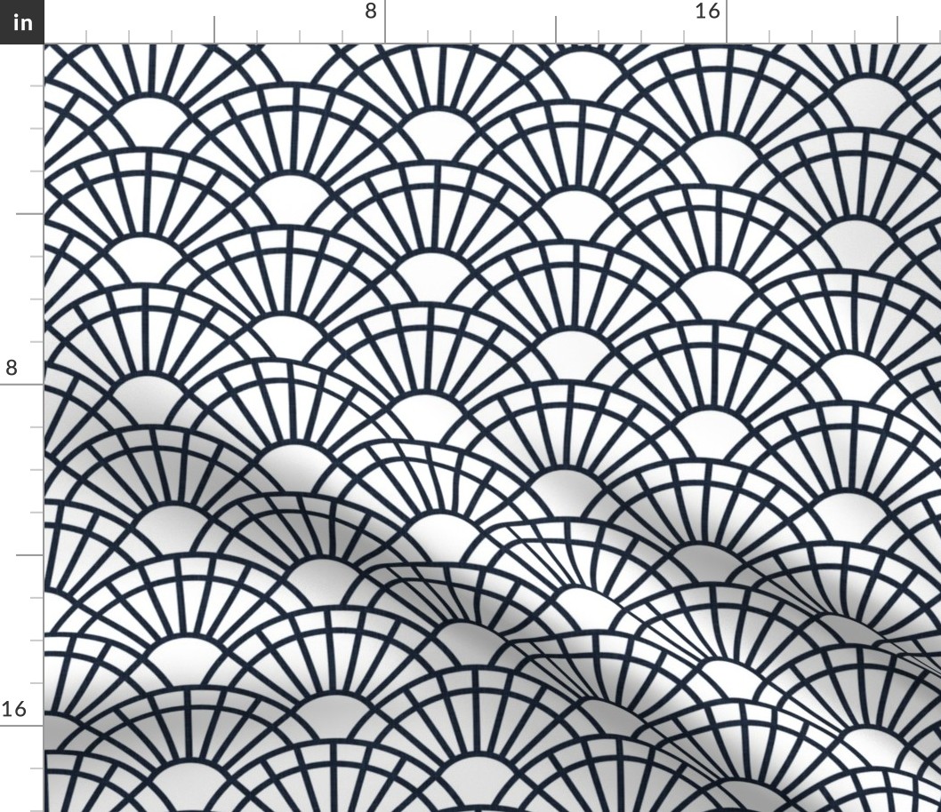 Serene Sunshine- 30 Navy on White- Art Deco Wallpaper- Geometric Minimalist Monochromatic Scalloped Suns- Petal Cotton Solids Coordinate- Small- Dark Blue- Indigo- Classic Neutral