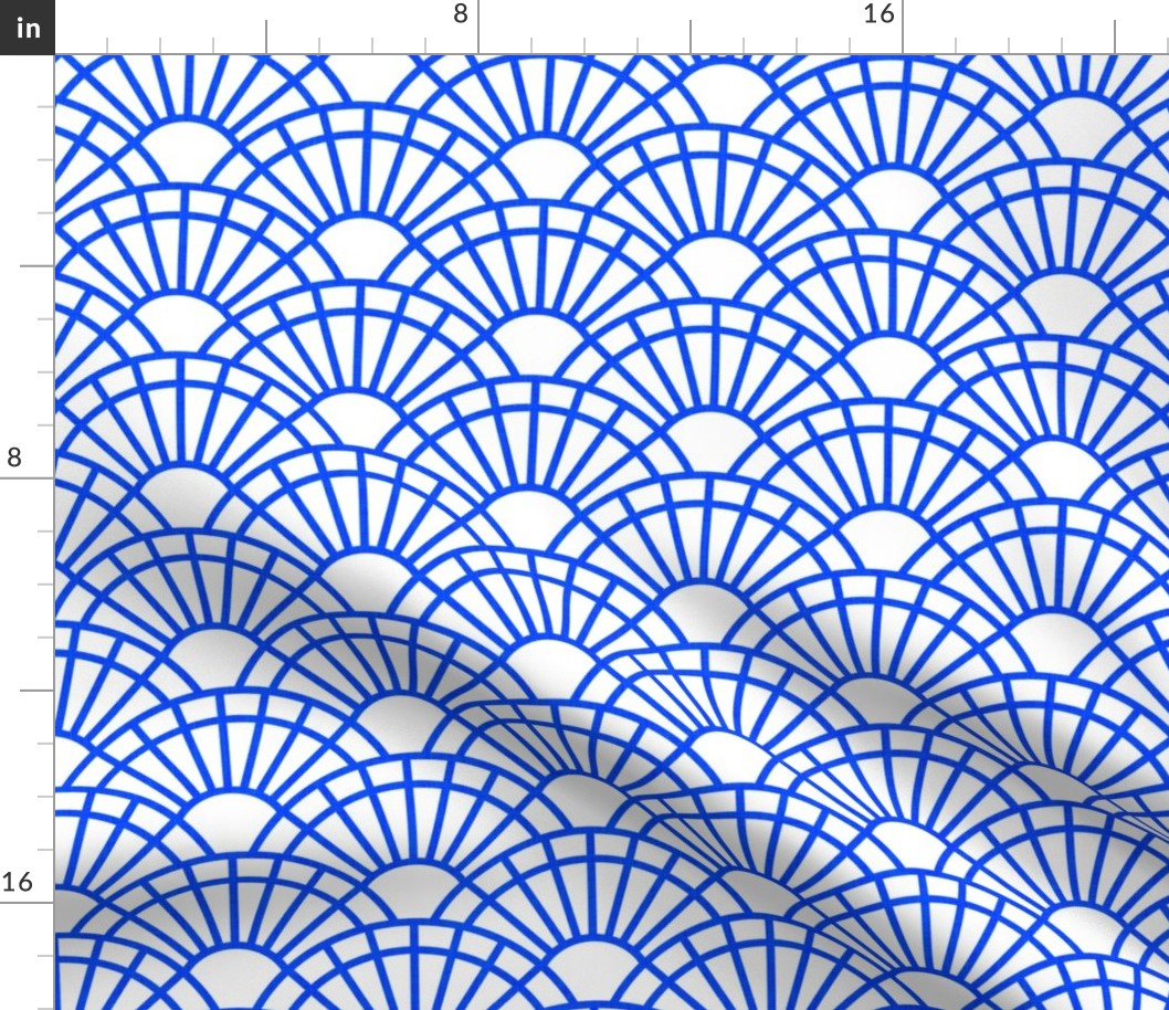 Serene Sunshine- 31 Cobalt on White- Art Deco Wallpaper- Geometric Minimalist Monochromatic Scalloped Suns- Petal Cotton Solids Coordinate- Small- Bright Blue- Indigo- Denim- Dopamine- Electric Blue- Summer