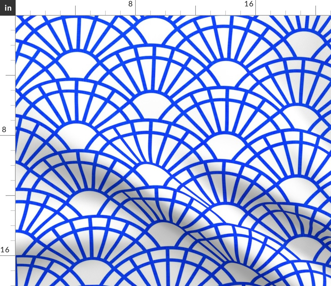 Serene Sunshine- 31 Cobalt on White- Art Deco Wallpaper- Geometric Minimalist Monochromatic Scalloped Suns- Petal Cotton Solids Coordinate-Medium