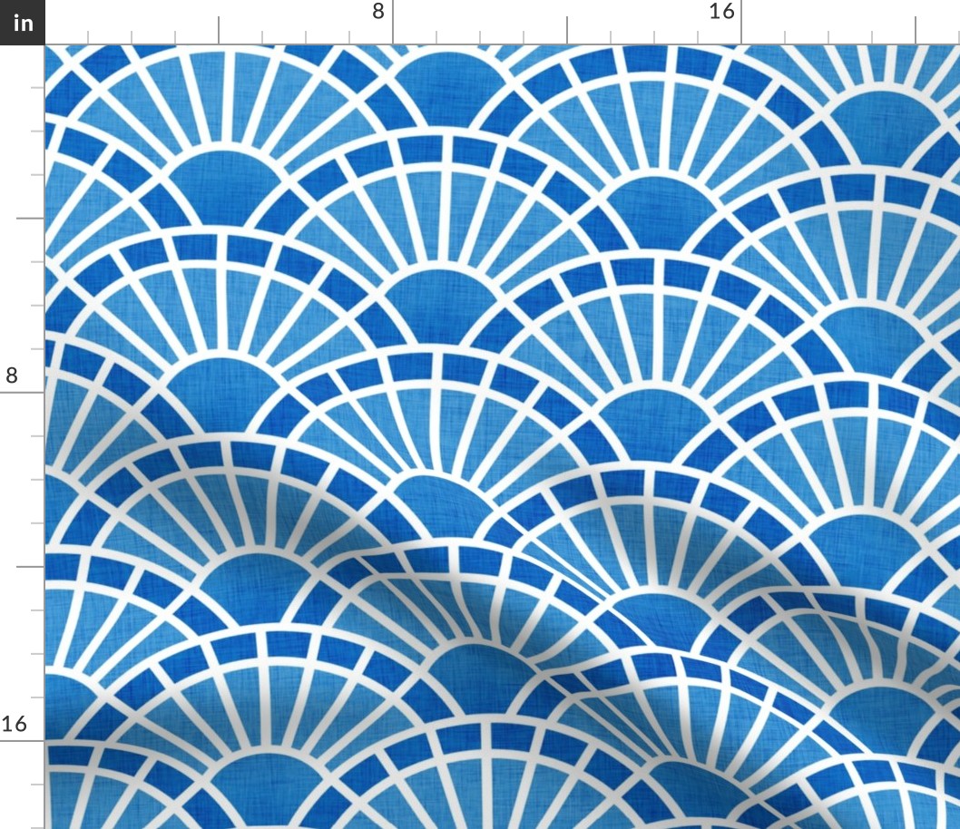 Serene Sunshine- 32 Bluebell- Art Deco Wallpaper- Geometric Minimalist Monochromatic Scalloped Suns- Petal Cotton Solids Coordinate- Medium- Bright Blue- Summer