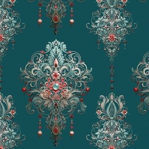 Teal and Red Victorian Damask with Dark Teal Background