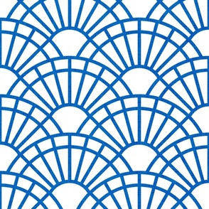 Serene Sunshine- 32 Bluebell on White- Art Deco Wallpaper- Geometric Minimalist Monochromatic Scalloped Suns- Petal Cotton Solids Coordinate- Large- Bright Blue- Summer