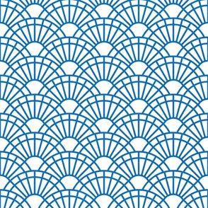 Serene Sunshine- 32 Bluebell on White- Art Deco Wallpaper- Geometric Minimalist Monochromatic Scalloped Suns- Petal Cotton Solids Coordinate- Small- Bright Blue- Summer
